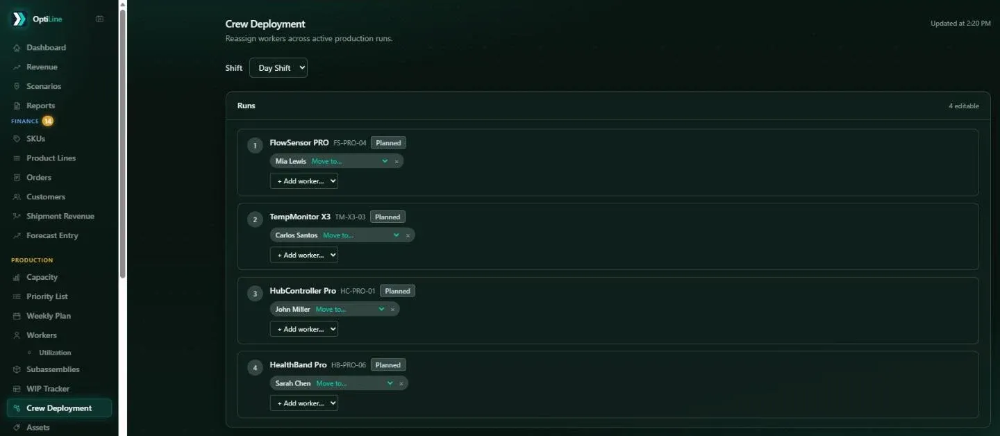 OptiLine Crew Deployment screen