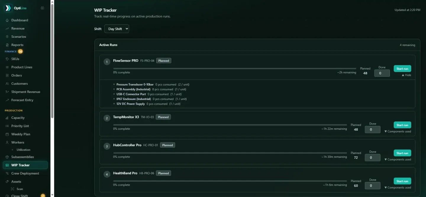OptiLine Shift progress screen